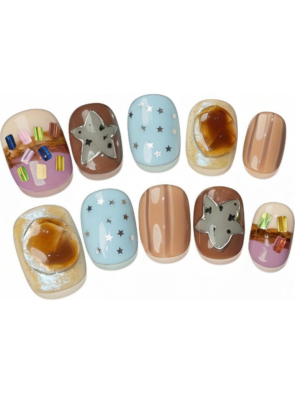 10PCS Pastel Confetti Latte Press-On Nails Gift Set - Medium Length, Easy Apply
